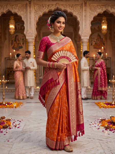 Radiant Orange Banarasi Silk Saree with Rich Magenta Contrast Border and Blouse