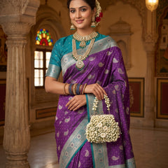 Royal Purple Art Silk Banarasi Saree with Peacock Blue Contrast Border & Blouse Piece