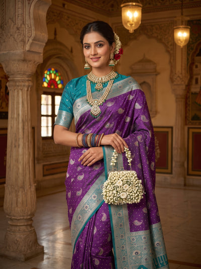 Royal Wine Art Silk Banarasi Saree with Peacock Blue Contrast Border & Blouse Piece