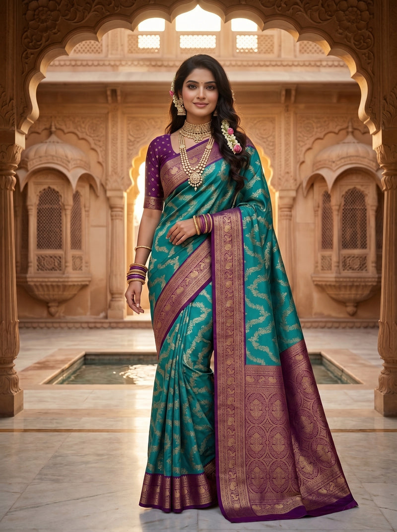 Peacock Teal Blue Art Silk Banarasi Saree with Deep Purple Contrast Pallu & Blouse Piece