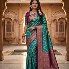 Peacock Teal Blue Art Silk Banarasi Saree with Deep Purple Contrast Pallu & Blouse Piece