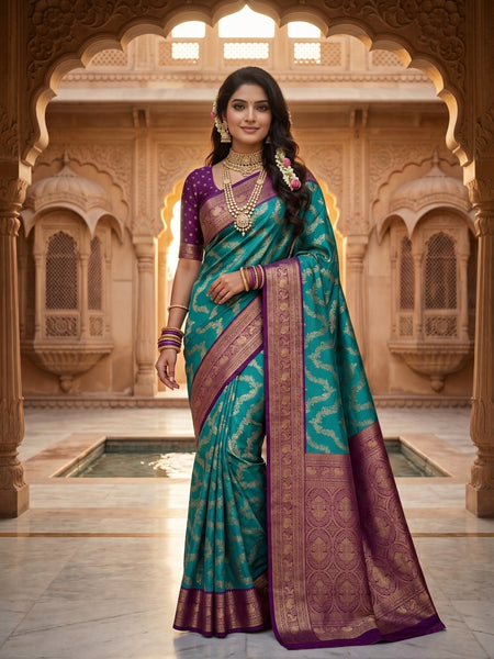 Peacock Teal Blue Art Silk Banarasi Saree with Deep Purple Contrast Pallu & Blouse Piece