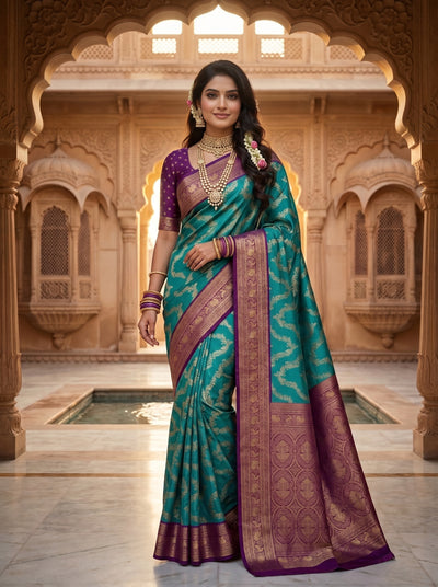 Peacock Teal Blue Art Silk Banarasi Saree with Deep Purple Contrast Pallu & Blouse Piece