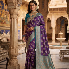 Majestic Bottle Green Art Silk Banarasi Saree with Crimson Red Contrast Border & Blouse Piece