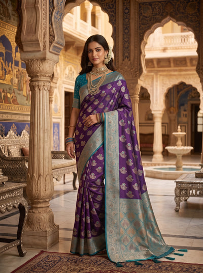 Bottle Wine Art Silk Banarasi Saree with Crimson Red Contrast Border & Blouse Piece