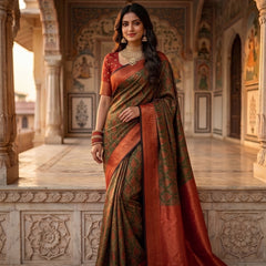Olive Green & Rust Orange Jacquard Woven Saree with Rich Zari Border & Pallu