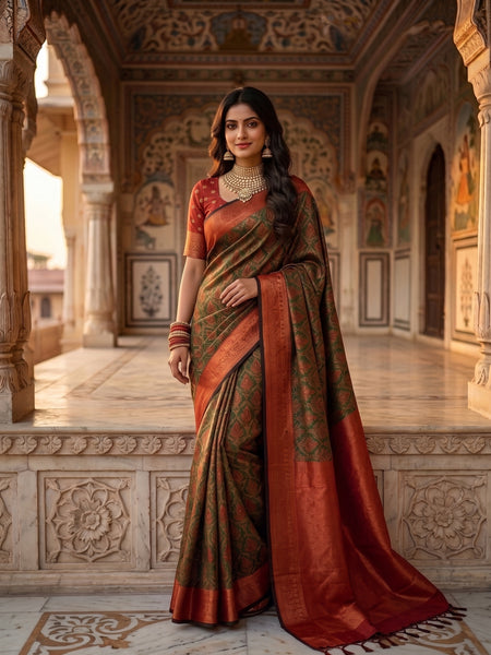 Olive Green & Rust Orange Jacquard Woven Saree with Rich Zari Border & Pallu