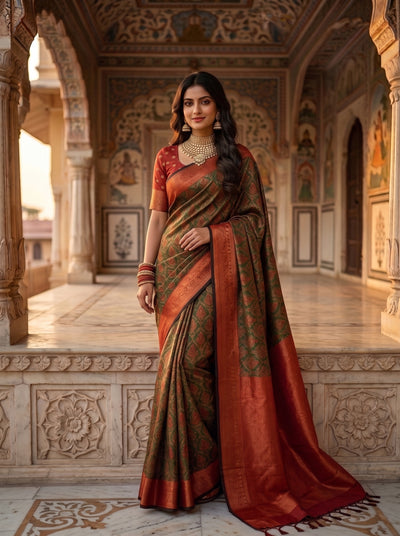 Olive Green & Rust Orange Jacquard Woven Saree with Rich Zari Border & Pallu