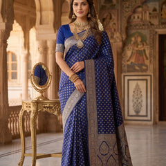 Royal Blue Banarasi Silk Saree with Golden Zari Butti Work, Woven Border & Rich Designer Pallu for Women