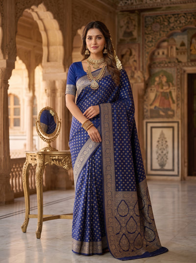 Navy Blue Banarasi Silk Saree with Golden Zari Butti Work, Woven Border & Rich Designer Pallu for Women
