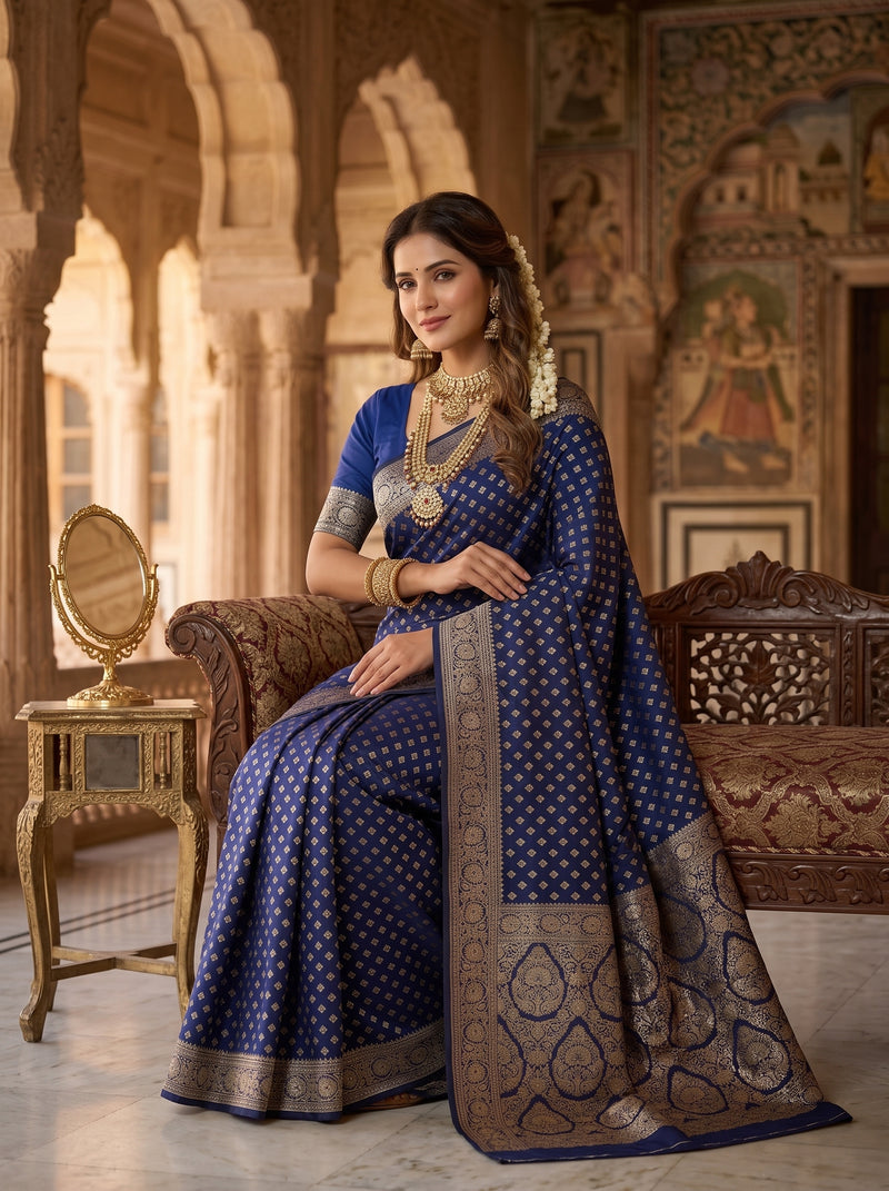 Royal Blue Banarasi Silk Saree with Golden Zari Butti Work, Woven Border & Rich Designer Pallu for Women