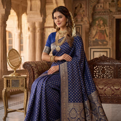 Royal Blue Banarasi Silk Saree with Golden Zari Butti Work, Woven Border & Rich Designer Pallu for Women