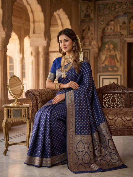 Royal Blue Banarasi Silk Saree with Golden Zari Butti Work, Woven Border & Rich Designer Pallu for Women