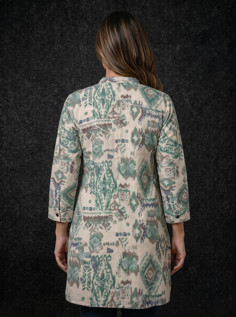 Ikat Print Button-Down Tunic with Embroidery