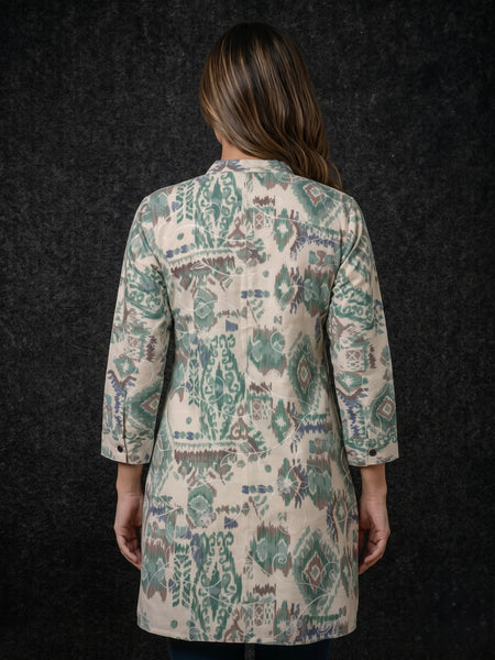 Ikat Print Button-Down Tunic with Embroidery