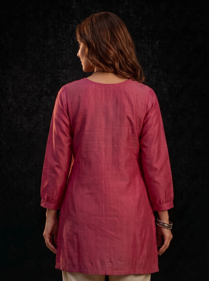 Rose Pink Tunic with Gold and White Floral Embroidery