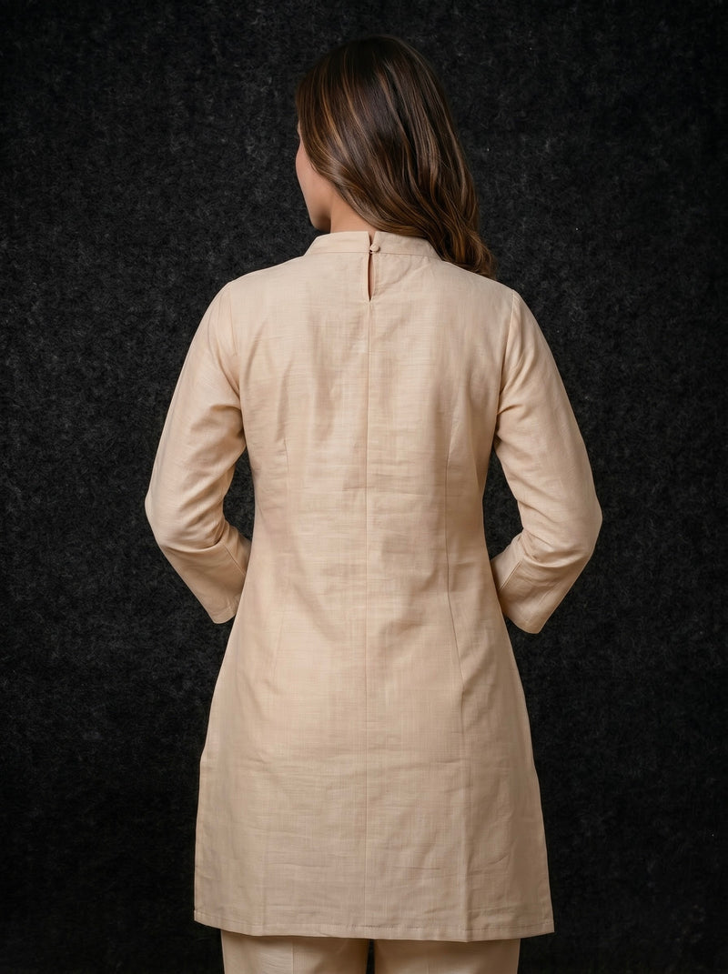 Beige Kurta with Brown Embroidered Yoke and Rose Motifs