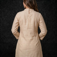 Beige Kurta with Brown Embroidered Yoke and Rose Motifs