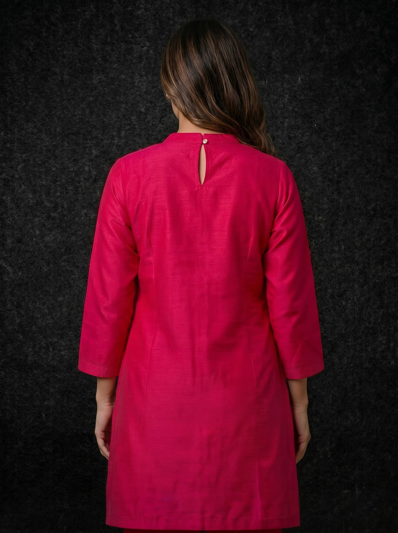 Magenta Kurta with Gold Sequin Yoke and Rose Embroidery