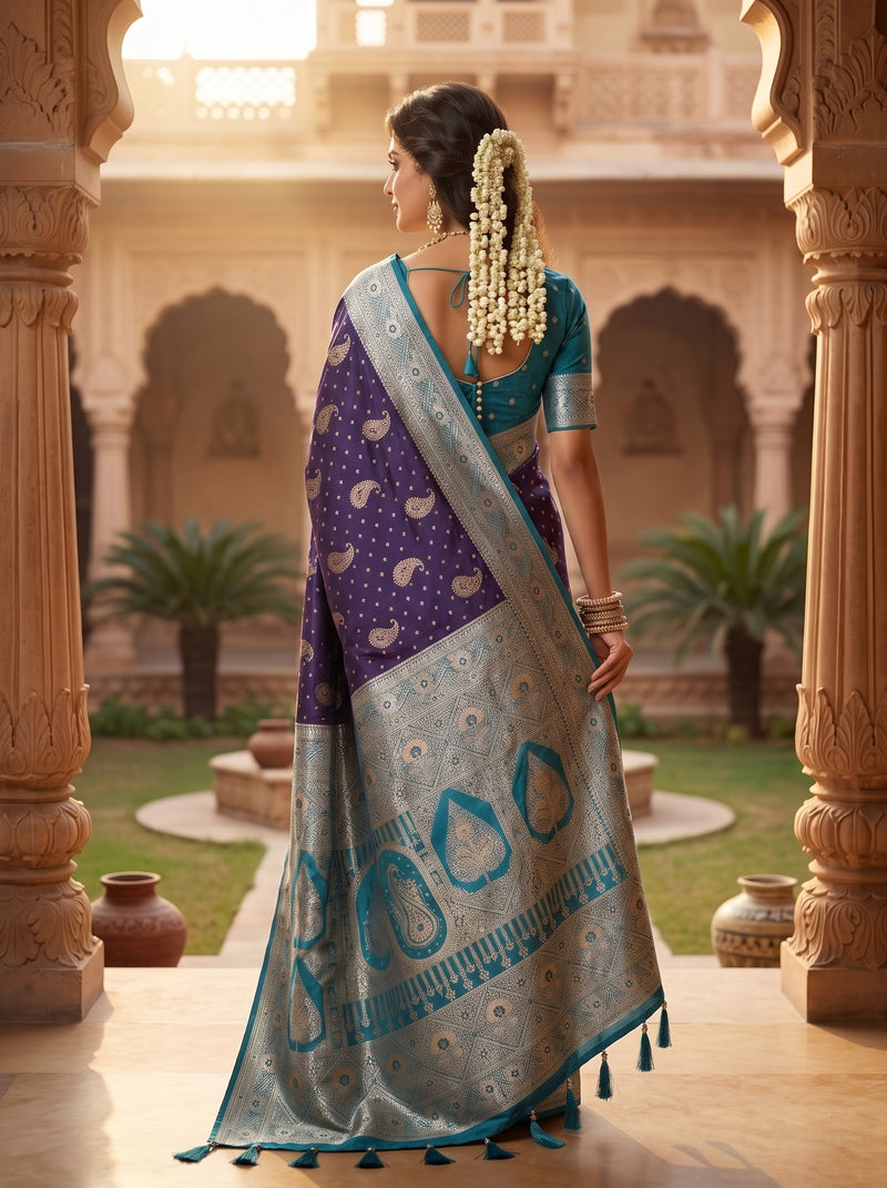 Deep Violet Purple Art Silk Banarasi Saree with Teal Blue Contrast Border & Blouse Piece