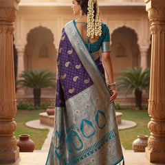 Deep Violet Purple Art Silk Banarasi Saree with Teal Blue Contrast Border & Blouse Piece