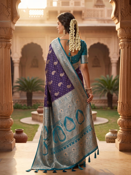 Deep Violet Purple Art Silk Banarasi Saree with Teal Blue Contrast Border & Blouse Piece