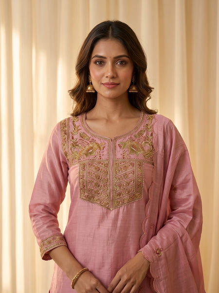 Pink Silk Kurta Set with Gold Embroidery