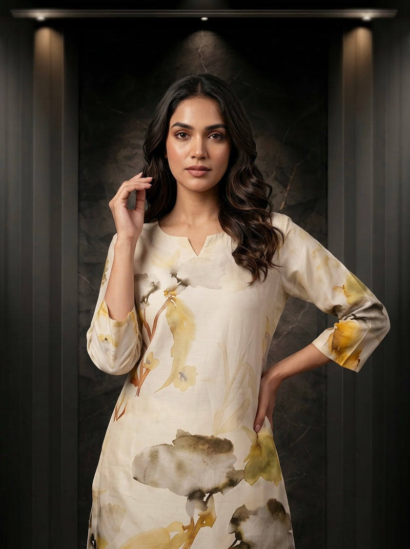 Cream Watercolor Floral Print Co-ord Set