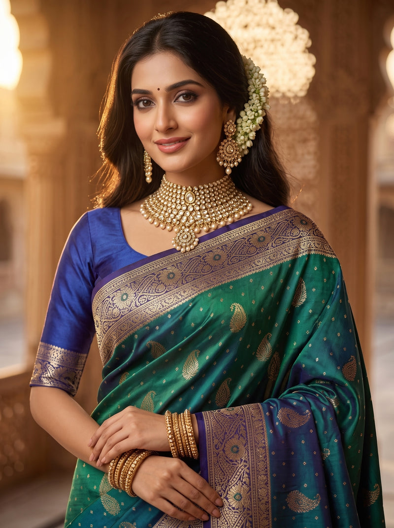 Royal Peacock Green Art Silk Banarasi Saree with Purple Contrast Border & Blouse Piece