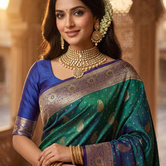 Royal Peacock Green Art Silk Banarasi Saree with Purple Contrast Border & Blouse Piece