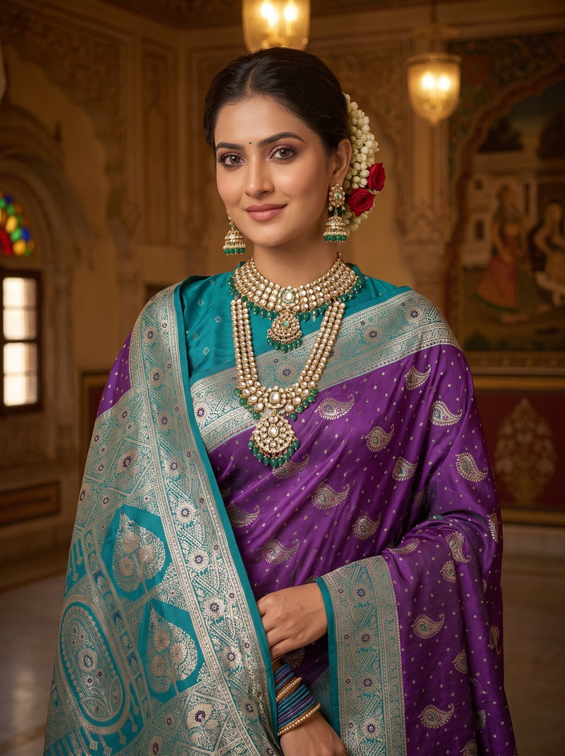 Royal Purple Art Silk Banarasi Saree with Peacock Blue Contrast Border & Blouse Piece