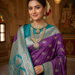 Royal Purple Art Silk Banarasi Saree with Peacock Blue Contrast Border & Blouse Piece