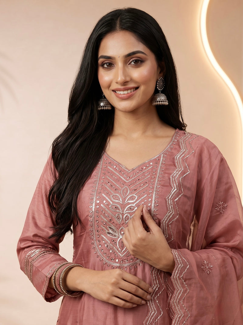 Mauve Silk Suit with Silver Zari Embroidery