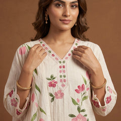 Off-White Cotton Kurta with Floral Dupatta