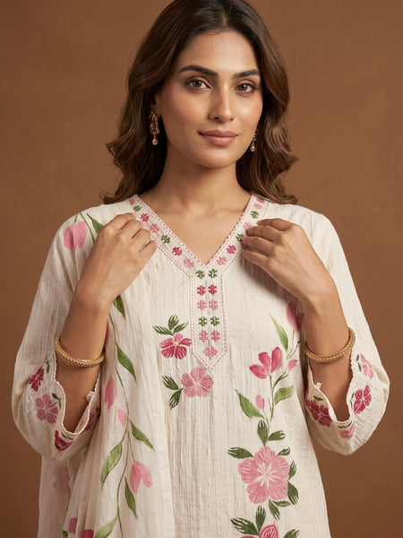 Off-White Cotton Kurta with Floral Dupatta
