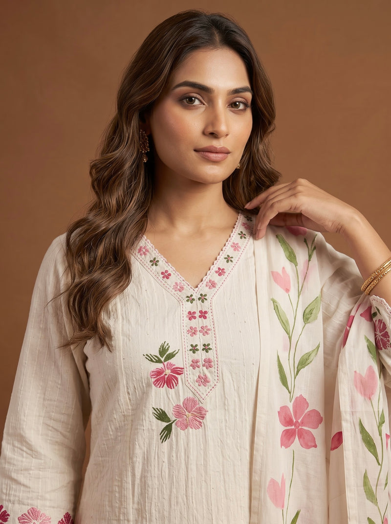 Off-White Cotton Kurta with Floral Dupatta