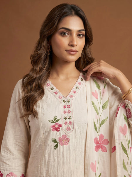 Off-White Cotton Kurta with Floral Dupatta