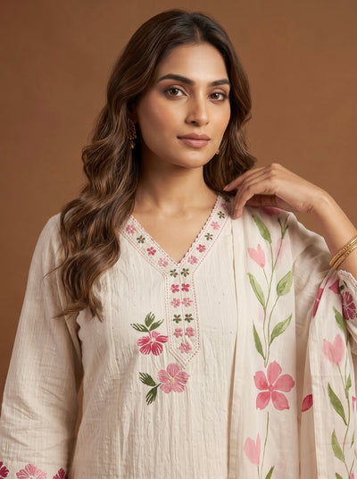 Off-White Cotton Kurta with Floral Dupatta