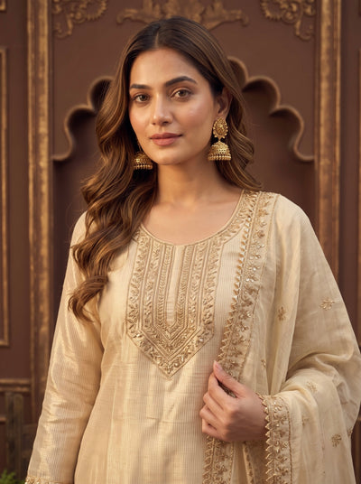 OffWhite Cream Zari-Embroidered Kurta with Dupatta