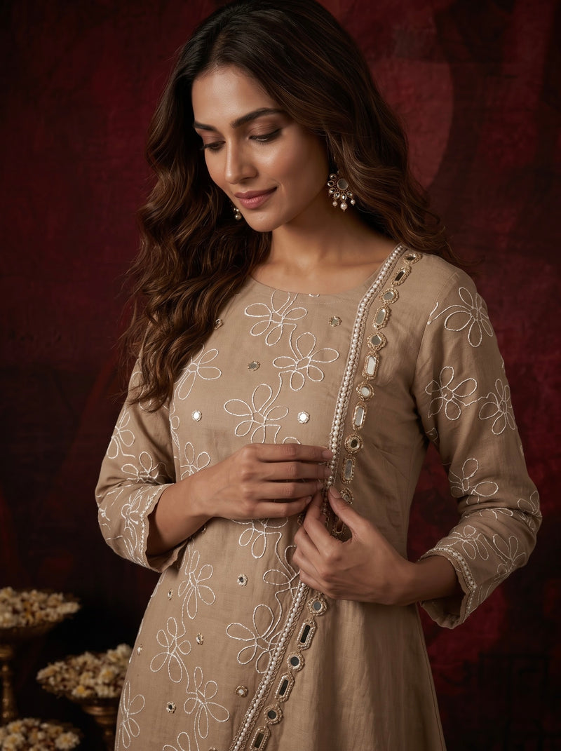 Beige Floral Embroidered Kurta with Mirror-Work Trim