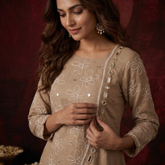 Beige Floral Embroidered Kurta with Mirror-Work Trim