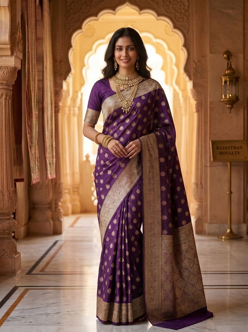 Royal Purple Banarasi Silk Saree with Golden Zari Butti Work, Woven Border & Rich Designer Pallu for Women