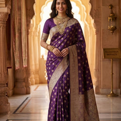 Royal Purple Banarasi Silk Saree with Golden Zari Butti Work, Woven Border & Rich Designer Pallu for Women
