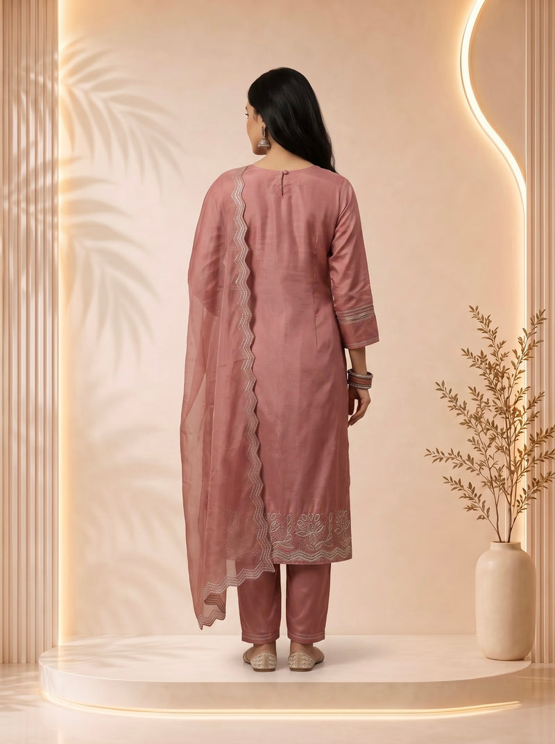 Mauve Silk Suit with Silver Zari Embroidery