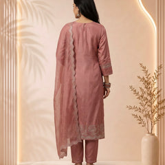 Mauve Silk Suit with Silver Zari Embroidery
