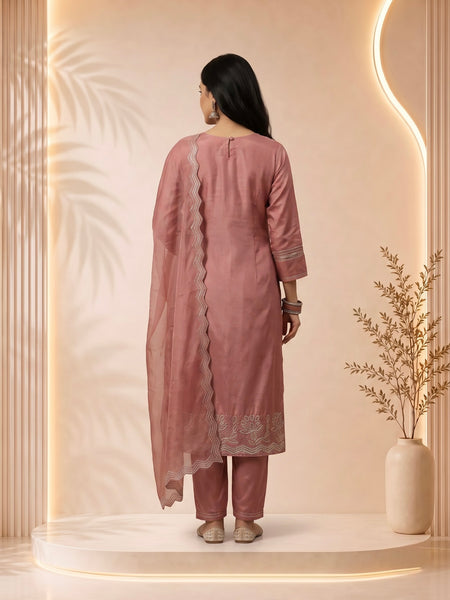 Mauve Silk Suit with Silver Zari Embroidery