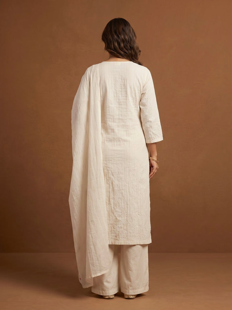 Off-White Cotton Kurta with Floral Dupatta
