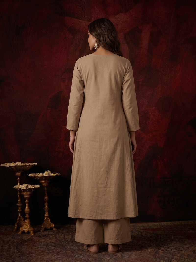 Beige Floral Embroidered Kurta with Mirror-Work Trim