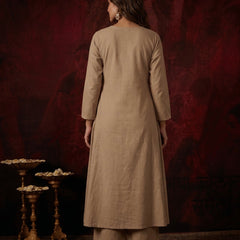 Beige Floral Embroidered Kurta with Mirror-Work Trim