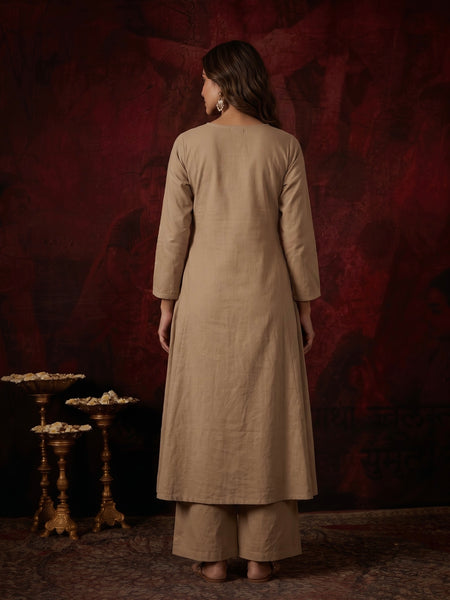 Beige Floral Embroidered Kurta with Mirror-Work Trim